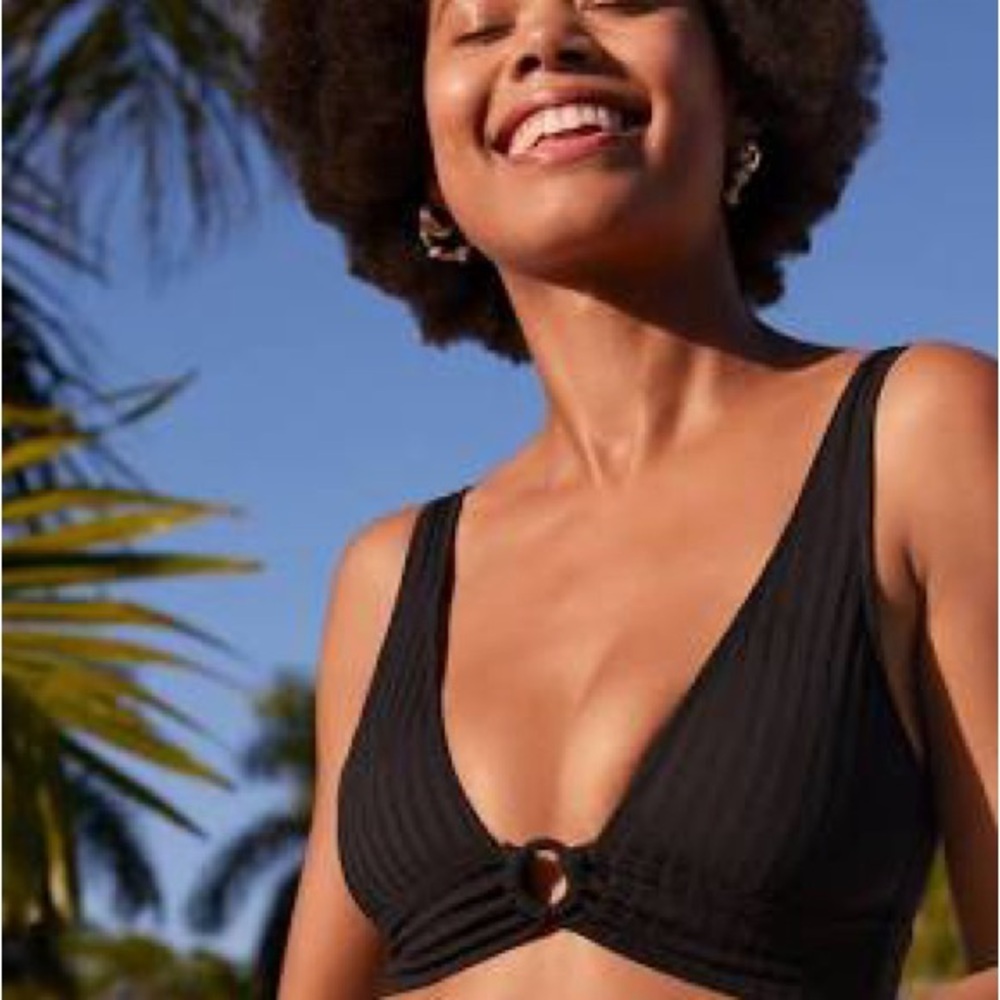 NWT! Aerie Wide Rib Longline Plunge Ring Black Bikini Top